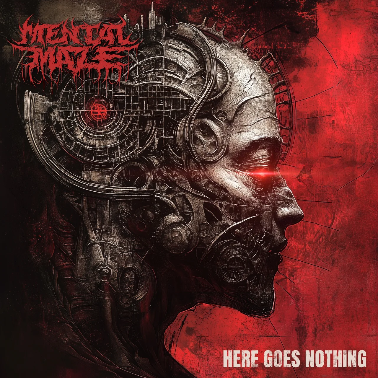 Here Goes Nothing EP: an engraved biomechanical skull with a glowing crimson eye